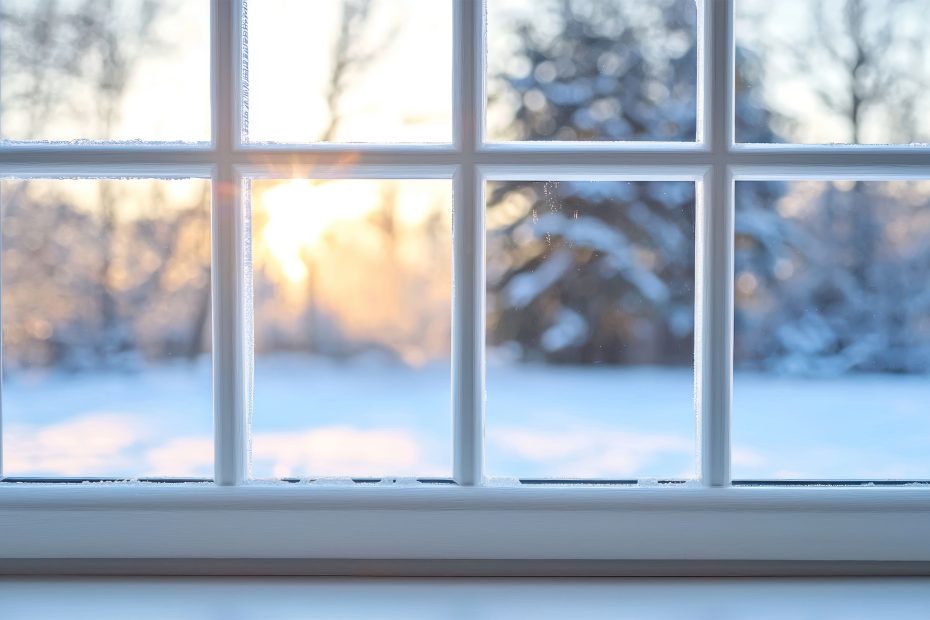 Fensterrahmen mit leichter Feuchtigkeit und Frost im Winter